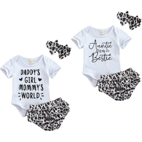 2021-03-19 Lioraitiin 3Pcs Set 0-18M Infant Baby Girl Summer Clothing Short Sleeve Letter Printed Romper Leopard Shorts