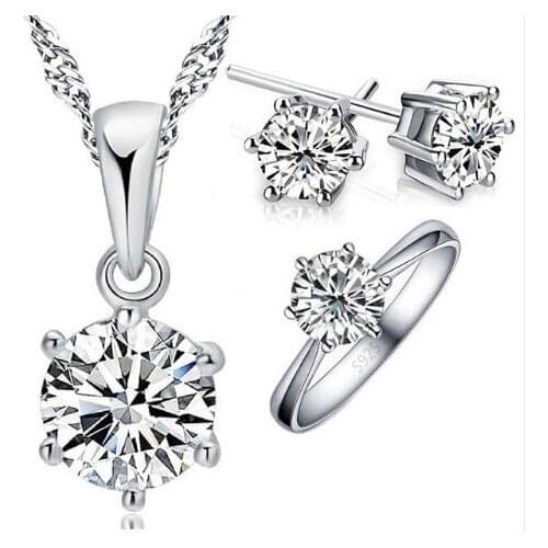 High Quality Classic Women Female Party Wedding Jewelry Set 925 Sterling Silver Necklace Earrings Ring Set Wholesale