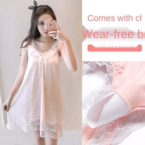 Summer Princess Nightdress Womens Korean Version with Chest Pad Thin Lace Sling Nightgown Medium Length Dress Lady Sleepwear