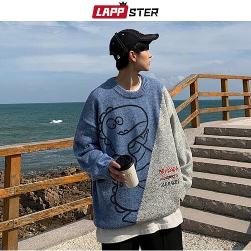 LAPPSTER Men Dinosaur Patchwork Cute Harajuku Sweaters 2021 Mens Vintage Oversized Knitted Sweater Male Korean Fashion Pullovers