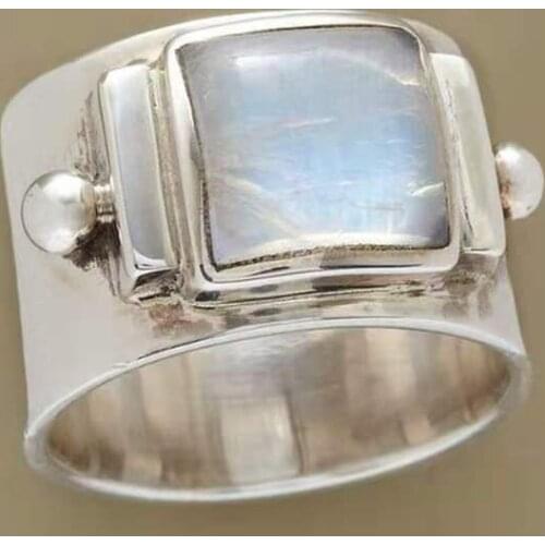 New Large Square Retro Moonstone Wide Ring Metal Material Electroplating Ancient Silver Ring for Men Band Punk Male Alliance