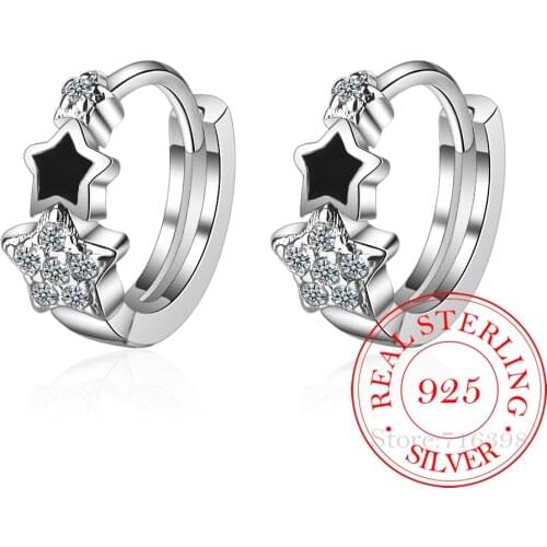 Charm Stars Clear CZ Hoop Earrings 100% 925 Sterling Silver Black Enamel Exquisite Jewelry For Women Party Wedding Gift
