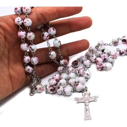 Pink Spotted Glass Bead Rosary Necklace Jesus Cross Pendant Necklace for Women Catholic Christian Wedding Prayer Jewelry Gifts
