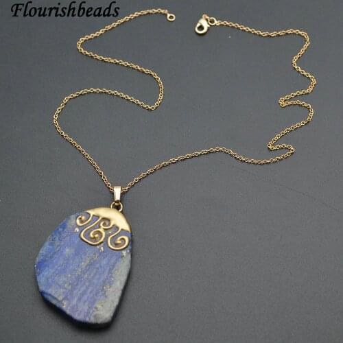 Natural Lapis Lazuli Flat Slab Pendant 18" Link Chains Necklace Fashion Woman Jewelry