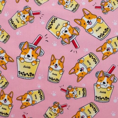 1 yard Cotton Twill Fabric for sewing pathwork, dress, cloth, bedding - Cartoon Dog in Cup on Pink background (width=160cm)