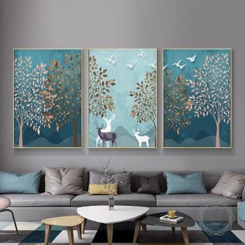Nordic Forest Landscape Poster Deer Canvas Prints Interior Paintings Wall Art Picture Decorations for Aesthetic Room Decor