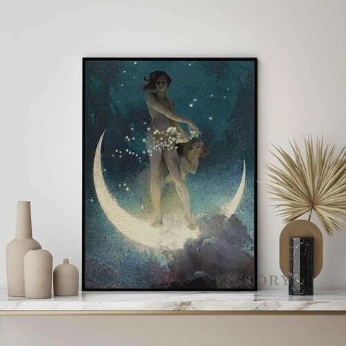 Vintage Wall Poster Print Of Moon, Goddess, Fairy, Celestial, Spring, Stars, Night Crescent, Canvas Painting