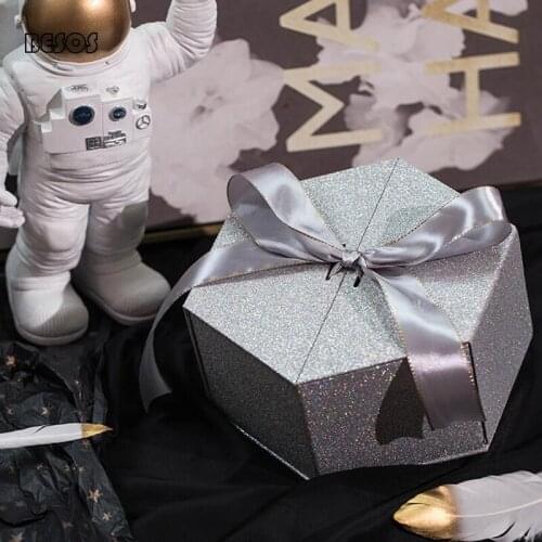 High End Large Polygon Silver Glitter Double Ribbon Gift Box Party Wedding Promotion Candy Flower Cosmetics Decoration Gift Box