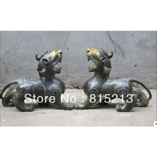 Wang 000215 8"Tibet Sino bronze gilt Alicorn beast Hercules FOO DOG Lion Roar Unicorn PAIR