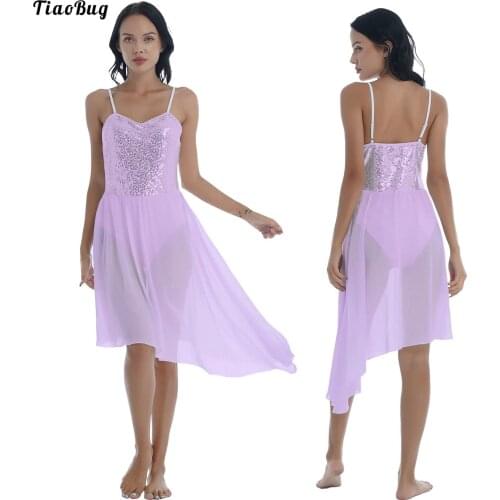 TiaoBug Women Shiny Sequin Ballet Dance Stage Performance Costumes Adjustable Spaghetti Strap Asymmetric Hem Ruffle Dresses