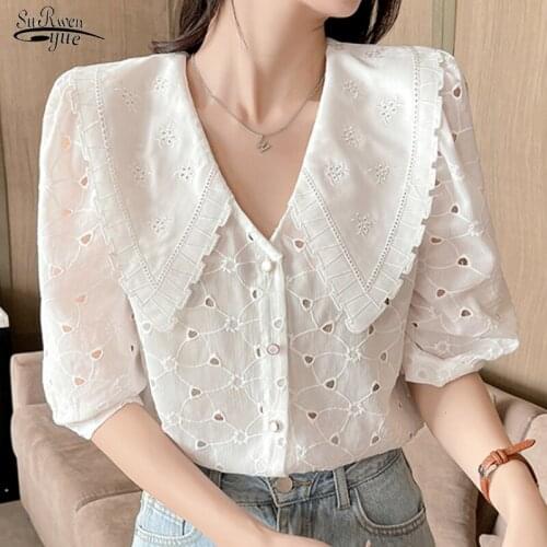 Short Sleeve Turn-down Collar Women Blouses Korean Sweet Hollow Embroidery Chiffon Shirt Female Summer Fashion Tops Blusas 14194