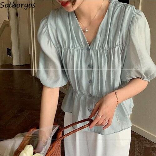 Women Shirts Short Puff Sleeve Folds Solid Vintage French Style Sweet Fairy Fashion Slim Leisure Streetwear V-neck Tender Temper
