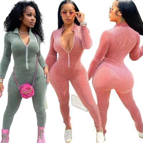 Echoine Women sexy Velvet Striped Fitness Skinny Jumpsuit Zippe Full Sleeve Bodycon Overall Autumn Fitness Party Bodysuit Romper