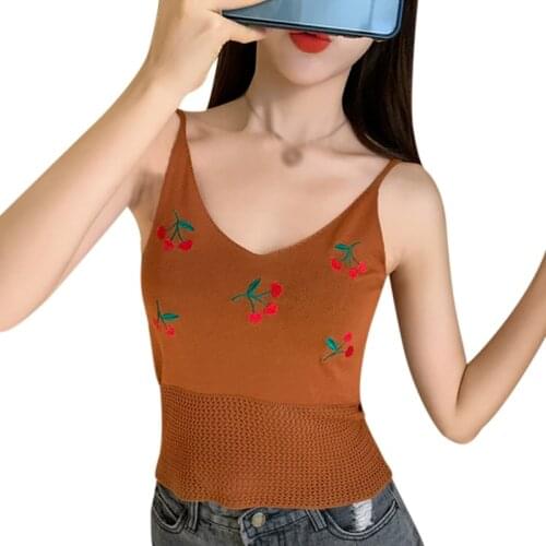 Knitted Tank Top Summer Sweet Cherry Embroidered Sexy Festival Crop Top Ins Hollow Short Women Crochet Vests 2021
