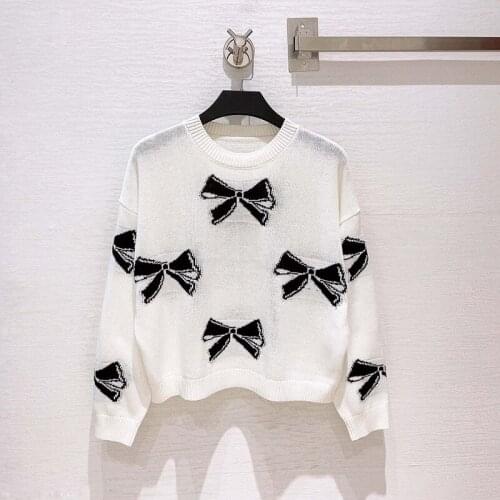 2021 New Fall Knitted Tops Mujer O Neck White Sweater Butterfly Knot Jacquard Pullovers Fashion Lady Basic Black Woman Sweaters