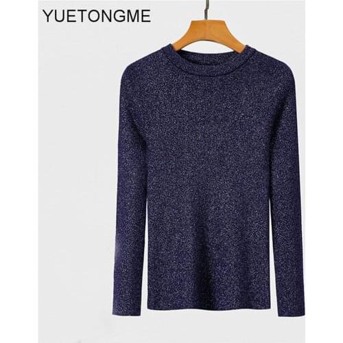 2020 Spring Autumn women Knitted O neck Sweater Casual Soft polo-neck Jumper Fashion Shining Femme Elasticity Pullovers SW049