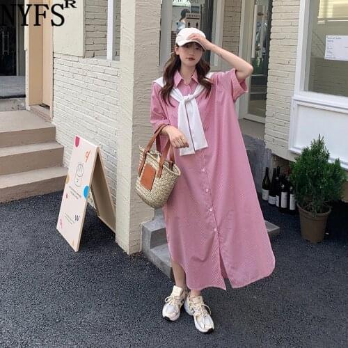 NYFS 2021 Korean New Loose Large Version Woman Dress Vestidos Robe Elbise Vertical Stripes Long Styye Shirt Dress Dress