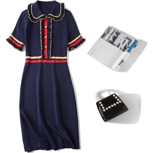 High quality 2021 spring summer women ruched ruffles turn down collar mini knit dresses short sleeve buttons sweater dress Y575