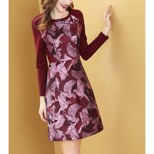 Autumn New Pattern Europe Station Fashion Self-cultivation Thin Round Neck Jacquard Weave Long Sleeve Split Joint A Word Dress