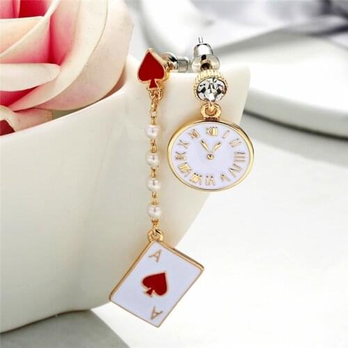 Gold Red Peach Alice Dream Clock Dangle Earrings Poker Card Asymmetrical Earring Long Created Pearl Fashion Jewelry Earrings