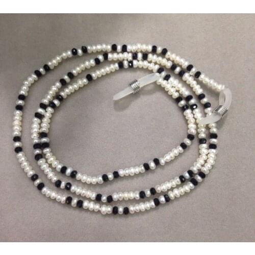 2-3MM Natural fresh water Pearl necklace for glasses black crystal and white pearl mixed 70CM flat round free shipping
