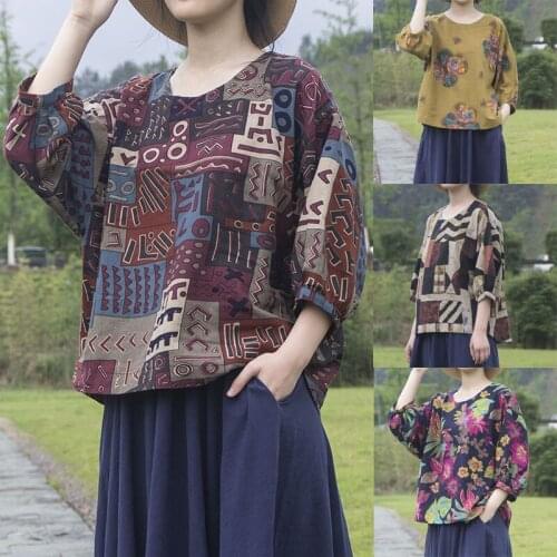 Women Loose Linen Summer Blouse Ladies Vintage Prairie Chic O-Neck Floral Print Shirt Tops One Size