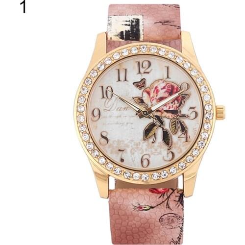 Fashion Luxury Women Rhinestone Inlaid Rose Flower Pattern Round Dial Faux Leather Band Analog Quartz Wrist Montre Watch gIFT