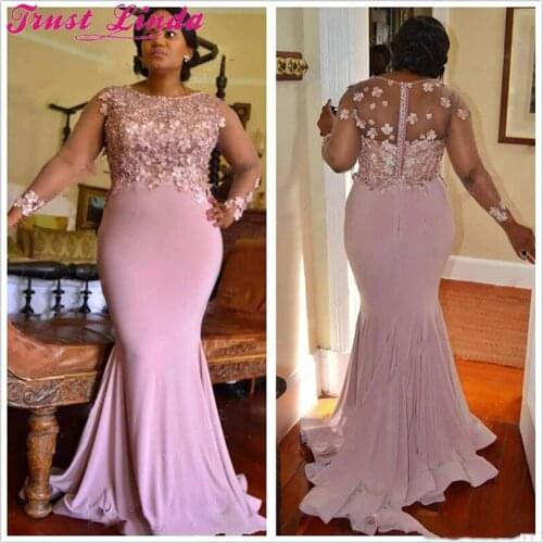 Elegant African Sheer Long Sleeves Mermaid Mother Dresses 3D Floral Appliques Beaded Sweep Train Formal Party Gowns Prom Dress