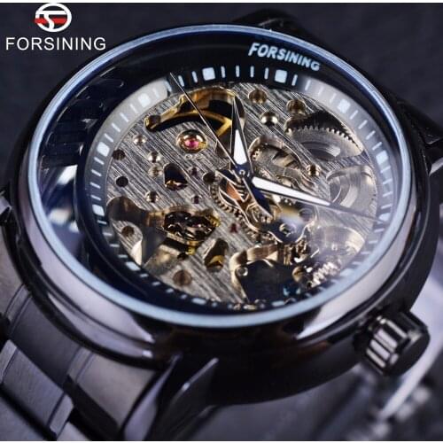 Forsining 2016 New Style Half Skeleton Designer Fashion Full Black Stainless Steel Mens Wathes Top Brand Luxury Automatic Watch