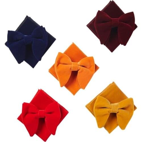 Ikepeibao Fashion Velvet Mens Dark Purple Solid Bowtie Sets with hankie Unique Tuxedo Bow Tie Hanky Necktie Accessories