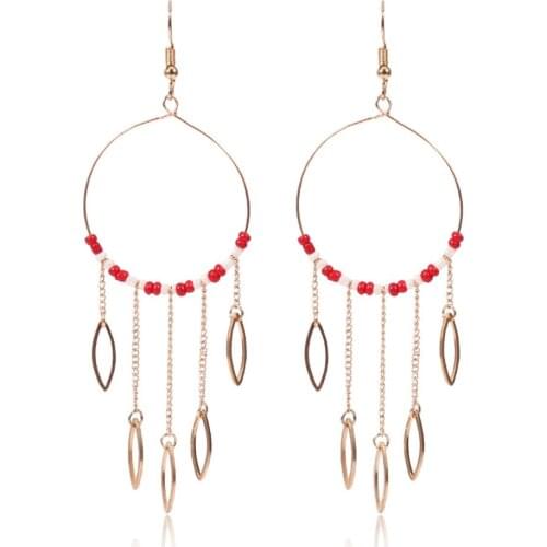 HC Fashion Round Drop Long Tassel Bohemian Earrings Women Trendy Jewelry Boho Gold Color Leaf Beads Dangle Earrings Party Gift F