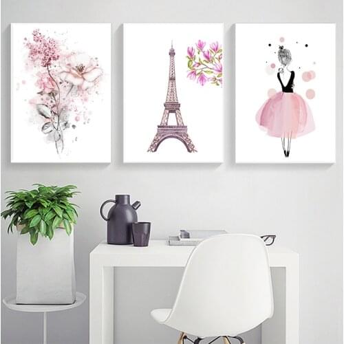 Watercolor Pink Princess Paintings Canvas Flowers Wall Art Pairs Poster Nordic Pictures for Girl Kids Room Decoration Home Decor