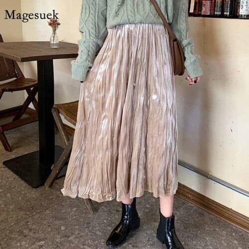 Korean 2020 Autumn New Mid-length Solid All-match A-line Skirts Vintage Elegant Velvet Pleated Skirt Female Faldas Cortas 12171