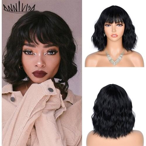 Short Wavy Wig With Bangs African Synthetic Cosplay Lolita Ombre Natural Glueless Pink Brown Green Red Wigs For Women Bob Wigs