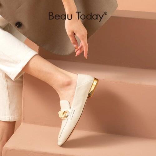 BeauToday Loafers Women Genuine Sheepskin Square Toe Lady Flats with Metal Chain Decoration Soft Women Flats Handmade 27436