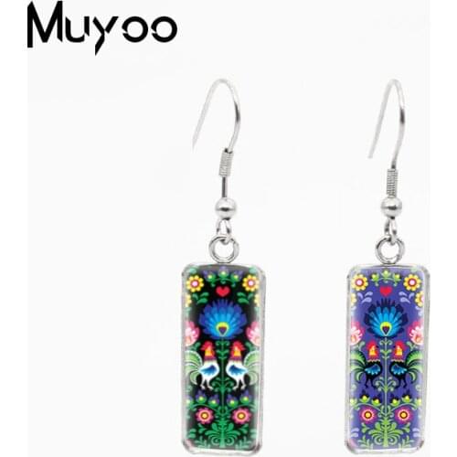 New Fashion Style Polish Folk Art Pattern Design Glass Cabochon Fish Hook Earrings Rectangle Shaped Pendants Jewelry Earrings