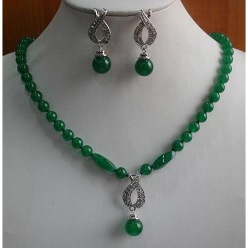 New natural 8MM green stone Necklace Pendant Earring Set 45"