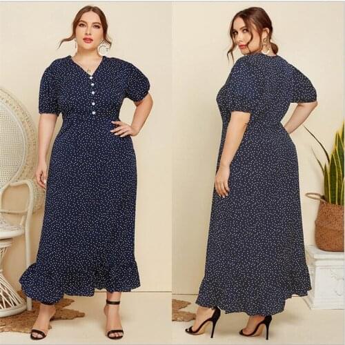 New Plus Size 4XL Kaftan Women Summer Long Maxi Dress Vintage Polka Dot Boho Vestidos Party Gown Abaya Dubai Caftan Muslim Robe