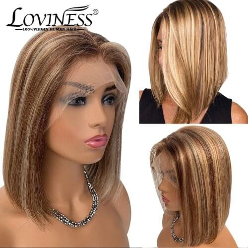 Highlight Lace Front Human Hair Wigs Pre Plucked Ombre Wig Human Hair Ginger Blonde Balayage Hair Wig Coloured Short Bob Wigs