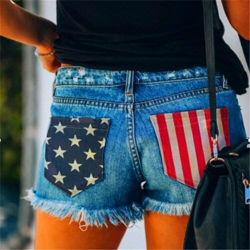 Sexy Low Waist Hole Tassel Denim Shorts Women American Flag Patchwork Streetwear Stretch Button Bottoms Straight Jeans Shorts