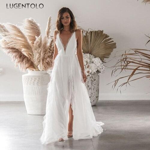 Sexy Dress Women Deep V-neck Party Backless Dresses Lace Spaghetti Strap Ladies Split Fork Summer Big Swing Maxi Dress Lugentolo