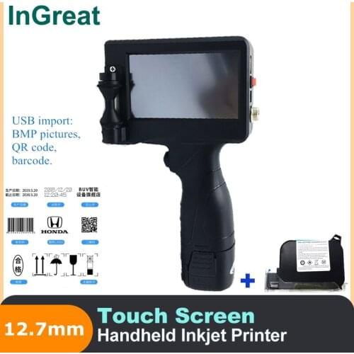 12.7mm Portable Handheld Inkjet Printer Touch Screen Laser coder 600DPI USB QR Bar code Production Date logo Label English