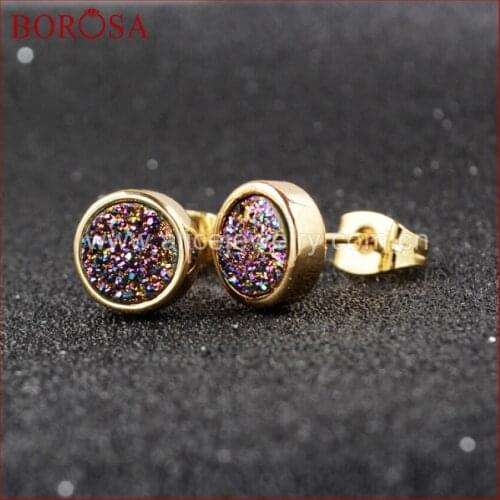 BOROSA Natural Crystal Titanium Druzy Stud Earrings Fashion Drusy Geode stud Earring handcraft 8mm Gold Color Rainbow 198-2