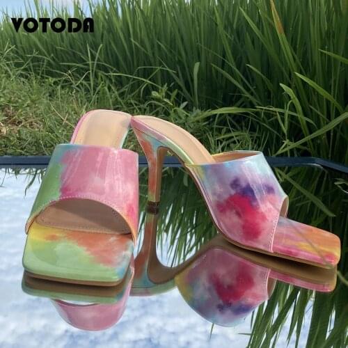 Summer Women High Heels Tie-Dye Rainbow High Heel Slippers Round Toe Thin Heels Shoes Outdoor Ladies Slides Big Size Flip Flops
