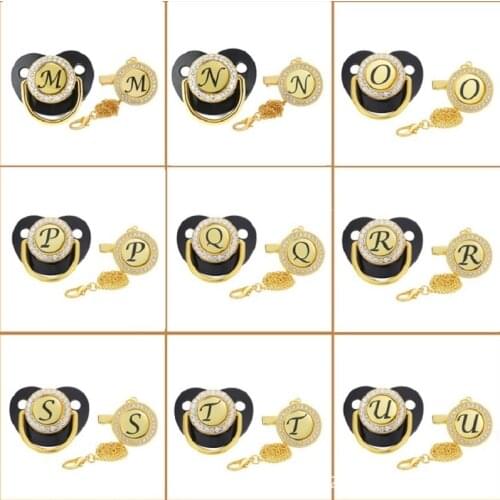 Initial Letter Baby Pacifier and Pacifier Clips Gold Bling BPA Free 26 Letters Name Silicone Infant Nipple Newborn Dummy Soother