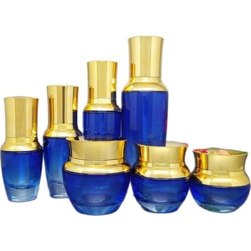 Essence Glass Lotion Pump Blue Glass Packaging Bottle Empty Cosmetic Containers Bottle Cream Jar Travel Bottling 20/30/50g ml