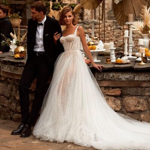 LORIE Boho Wedding Dresses 2021 Sweetheart A-Line Long Train Ivory White Tulle Boning Elegant Bridal Gown vestido de noiva