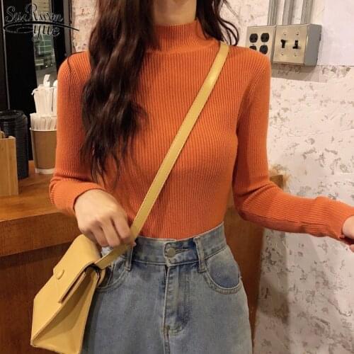 Sweater Autumn and Winter New Long Sleeve Pullover Solid Women Half Turtleneck Korean Clothes Sweet Slim Womens Knitwear 10761