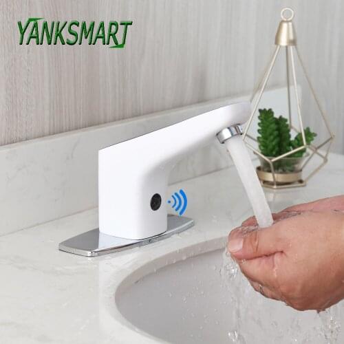 YANKSMART White Bathroom Vessel Basin Automatic Hand Sensor Faucet Deck Mount Mixer Water Tap With Chrome Cover Plate Combo Kit
