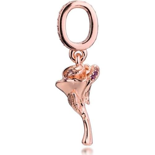 Woman DIY Charms Rose Flower Dangle Charm Rose Gold Jewelry Fits Original Snake Chain Bracelets 2021 Valentines